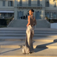 Elegant A Line V Neck Beaded Grey Satin Long Backless Prom Dress Wedding Guest Dress SH5360
