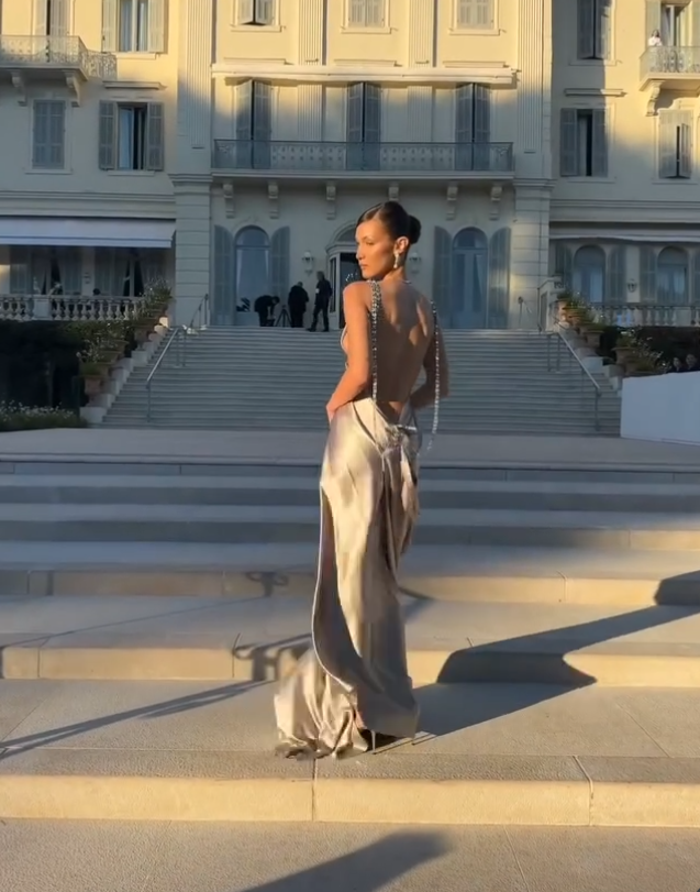 Elegant A Line V Neck Beaded Grey Satin Long Backless Prom Dress Wedding Guest Dress SH5360
