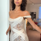 A Line Off the Shoulder White Chiffon Lace Long Wedding Dress with Slit SH4697