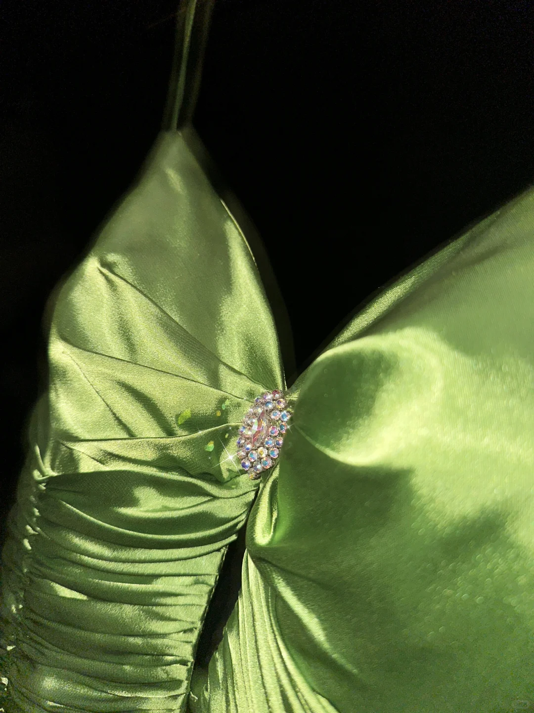 Green A Line Spaghetti Strap Beaded Pleated Satin Long Prom Dress Evening Dress SH3158