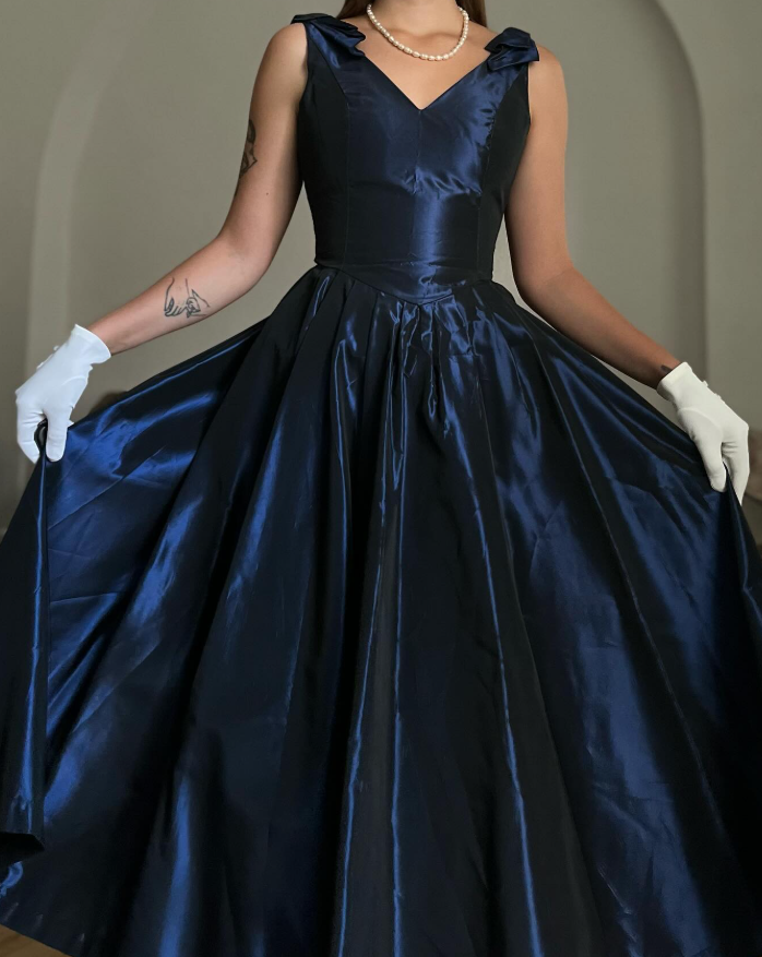 Vintage Navy Blue A Line V Neck Satin Prom Dress Evening Dress Date Dress SH5640