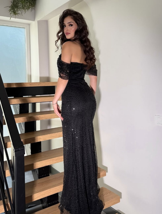 Sexy Black Sheath Off the Shoulder Sequin Tulle Prom Dress Evening Dress SH6063
