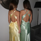 Green Simple Sheath V Neck Satin Open Back Prom Dress Evening Dress Formal Gown SH3921