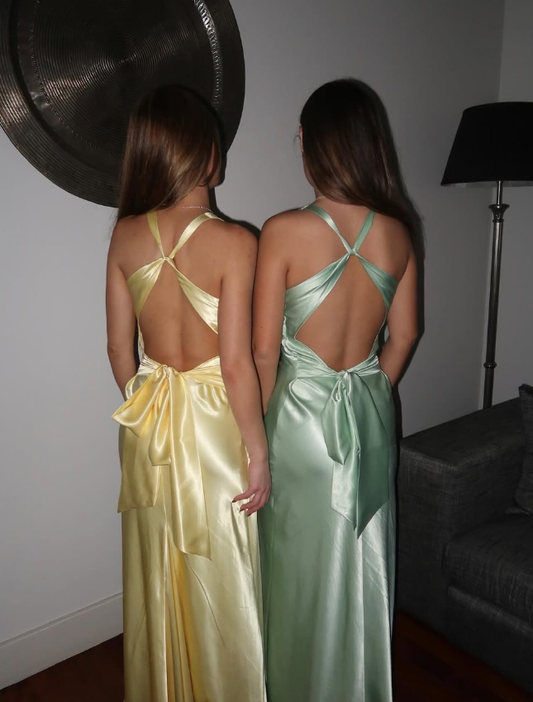 Green Simple Sheath V Neck Satin Open Back Prom Dress Evening Dress Formal Gown SH3921