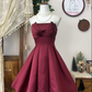 Simple A Line Strapless Burgundy Satin Short Homecoming Dress Cocktail Dress SH3010