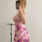 Sweety Pink Print Sheath Strapless Pleated Satin Prom Dress Evening Dress SH6886