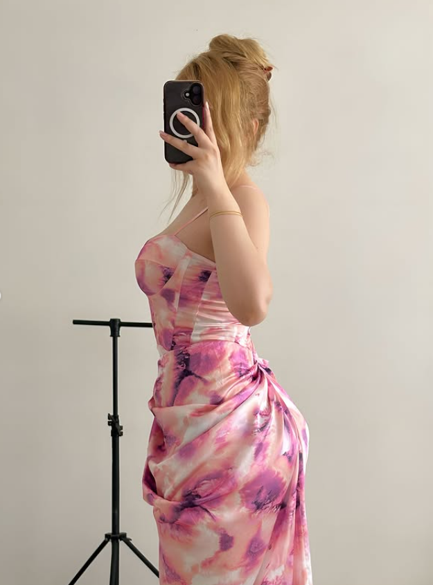 Sweety Pink Print Sheath Strapless Pleated Satin Prom Dress Evening Dress SH6886