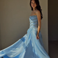 Exquisite A Line Strapless Beaded Blue Satin Long Prom Dress Evening Dress SH6744