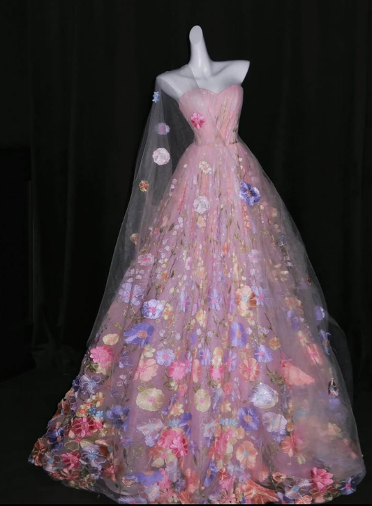 Sweety Ball Gown Sweetheart Neck Pink Embroidery Tulle Prom Dress Quinceanera Dress SH7166