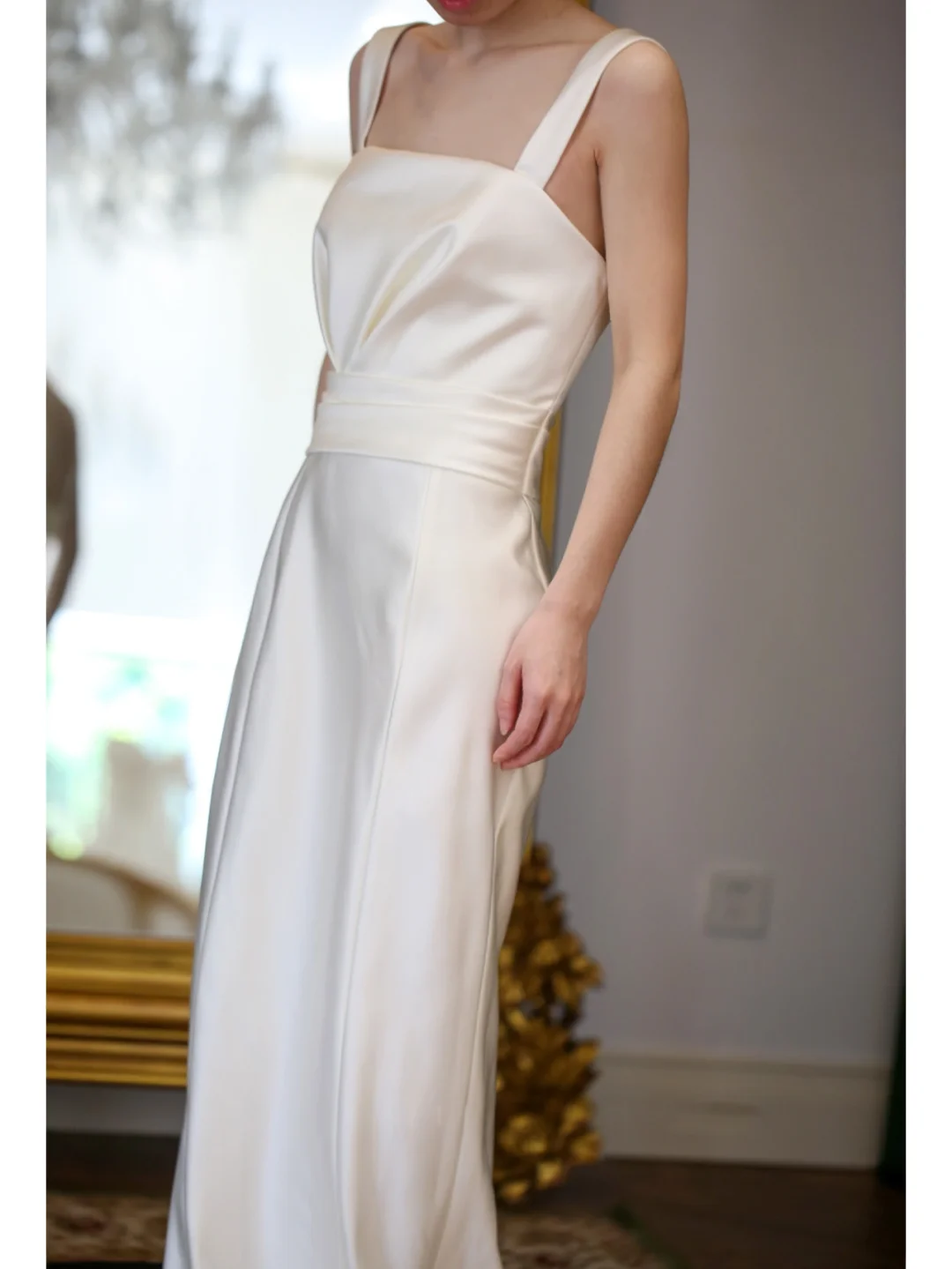 Vintage Sheath Straps Bow White Satin Wedding Dress SH5234