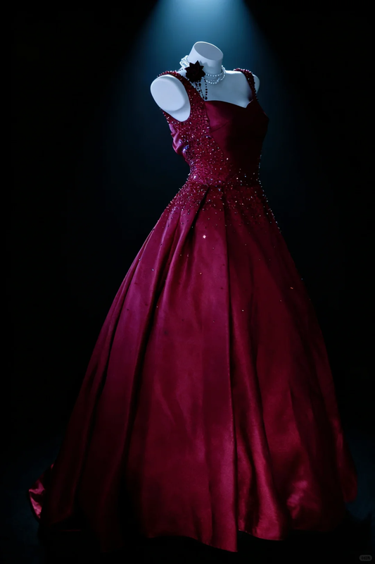 Burgundy A Line Straps Exquisite Beaded Satin Long Graduation Prom Dress SH5290