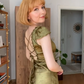 Vintage Charming Sheath V Neck Print Floral Olive Green Satin Prom Dress Outfits SH4865