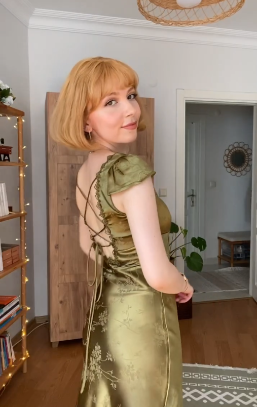 Vintage Charming Sheath V Neck Print Floral Olive Green Satin Prom Dress Outfits SH4865