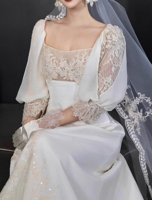Vintage A Line Long Sleeve White Beaded Satin Long Wedding Dress SH5038