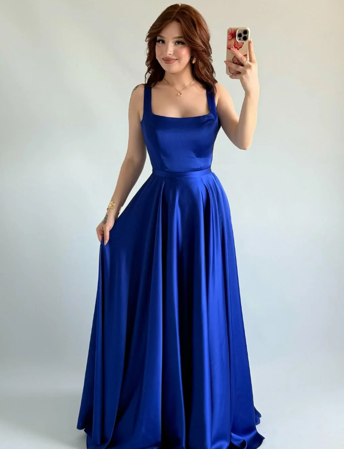 Simple Royal Blue A Line Spaghetti Straps Satin Prom Dress Date Dress SH5549