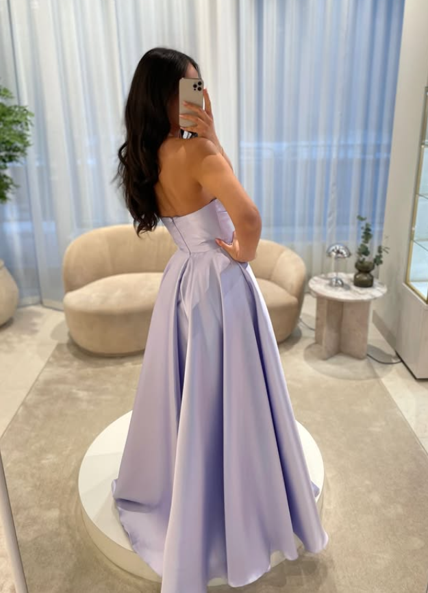 Gentle Lilac A Line Strapless Satin Long Prom Dress Party Evening Dress SH5702