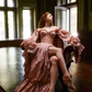Sweety Pink A Line Long Sleeve Appliques Chiffon Slit Prom Dress Evening Dress SH6689