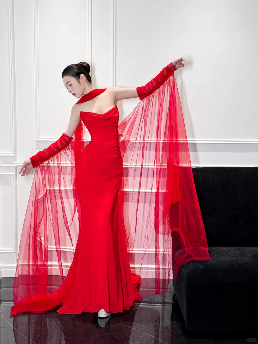 Charming Red Mermaid Strapless Pleated Satin Long Prom Dress Party Dress SH4688