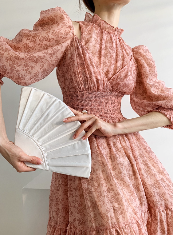 Pink A Line Puff Print Floral Chiffon Prom Dress Outfits SH4730