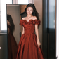 Romantic Burgundy A Line Off the Shoulder Pleated Satin Evening Dress Party Dress SH3479