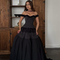 Black Ball Gown Off the Shoulder Satin Lace Prom Dress 16th Birthday Dress SH4658
