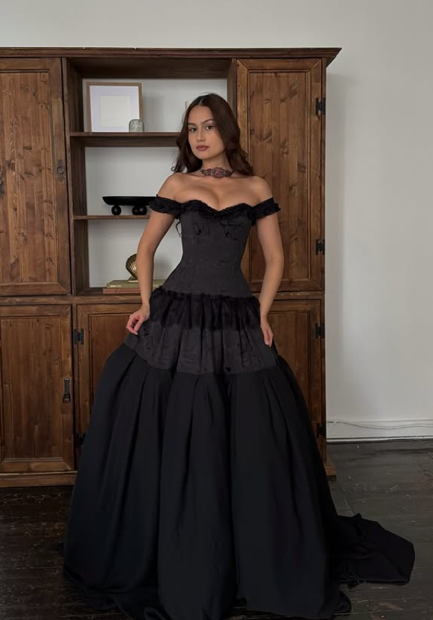 Black Ball Gown Off the Shoulder Satin Lace Prom Dress 16th Birthday Dress SH4658