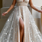 Stunning A Line Spaghetti Strap Star Sequin Tulle Long Prom Dress Evening Dress with Slit SH393