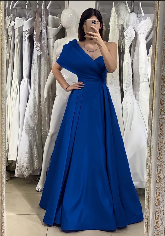 Simple One Shoulder Satin Royal Blue Formal Prom Dresses,Long Evening Dress SH845