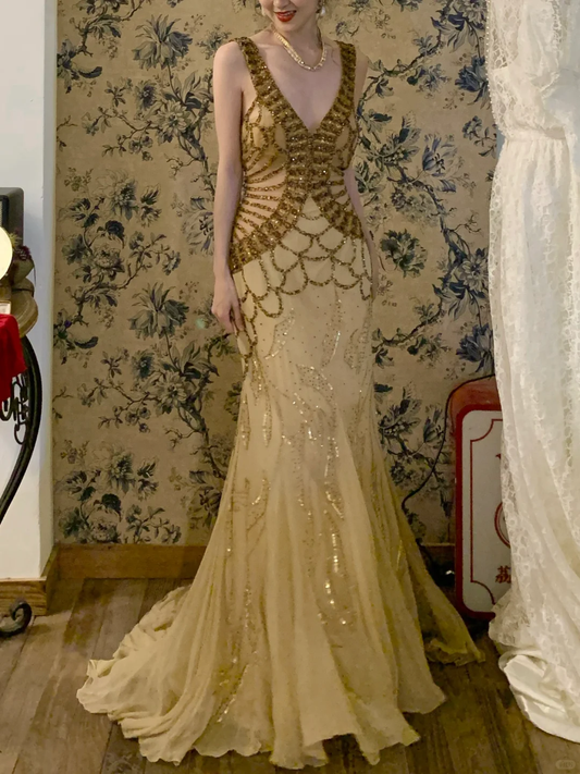 Vintage Exquisite Mermaid Straps Beaded Chiffon Prom Dress Wedding Guest Dress SH4496