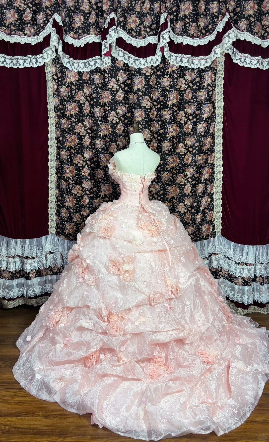 Vintage Princess Light Pink Ball Gown Floral Layered Organza Prom Dress Sweet 16 Dress SH5796