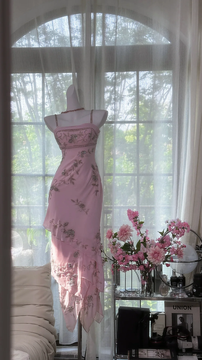 Vintage Pink Sheath Spaghetti Strap Beaded Layered Chiffon Prom Dress 22th Birthday Dress SH4413