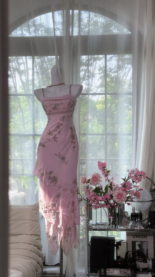 Vintage Pink Sheath Spaghetti Strap Beaded Layered Chiffon Prom Dress 22th Birthday Dress SH4413