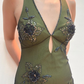Vintage Mermaid V Neck Beaded Green Chiffon Satin Prom Dress Evening Dress SH2119