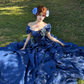 Classic Ball Gown Straps Blue Floral Satin Long Prom Dress 18th Birthday Dress SH4981