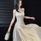 Light Pink Simple A Line Spaghetti Strap Satin Long Prom Dress Evening Dress SH3817