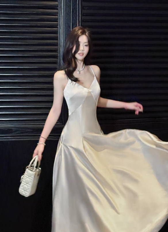 Light Pink Simple A Line Spaghetti Strap Satin Long Prom Dress Evening Dress SH3817