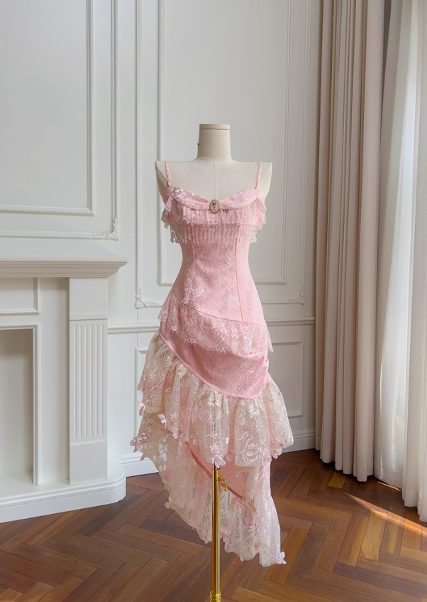Pink A Line Spaghetti Strap Beaded Lace Homecoming Dress Birthday Dress SH4509
