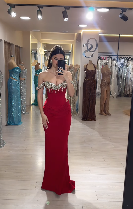 Sexy Mermaid Off the Shoulder Beaded Red Satin Long Prom Dress Evening Dress SH4797