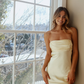 Light Yellow Sheath Strapless Satin Open Back Prom Dress Evening Dress SH2306