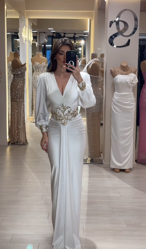 Elegant Sheath Long Sleeve Golden Beaded Satin Long Prom Dress Party Dress SH4813