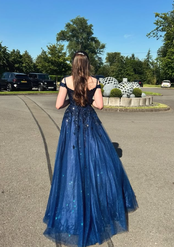 Navy Blue A Line Off the Shoulder Appliques Tulle Prom Dress Birthday Dress SH9020