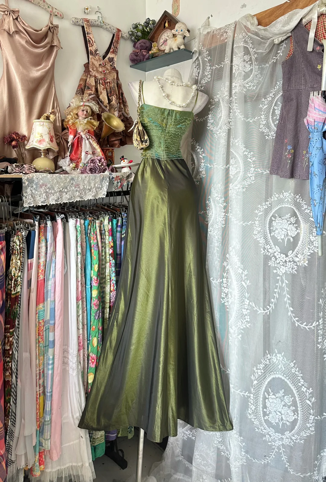 Dark Green Vintage Mermaid Straps Layered Organza Satin Long Prom Dress SH5237