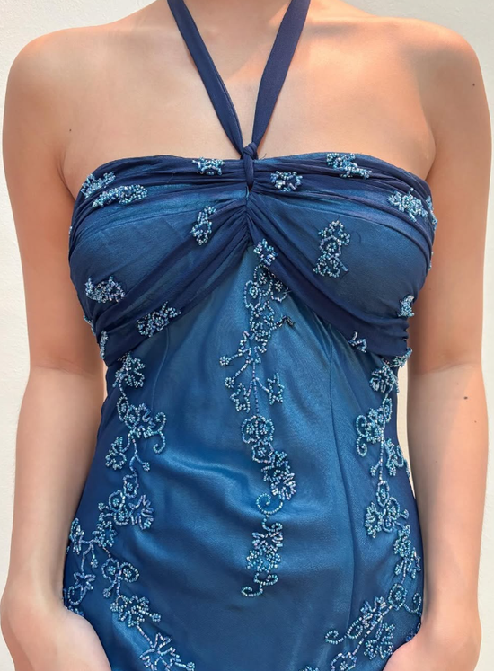 Vintage Mermaid Navy Blue Pleated Floor Length Party Dress Prom Dress Y8760