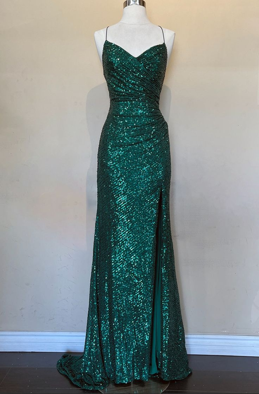 Simple Green Sequin Mermaid Slit Prom Dress Evening Dress SH1230