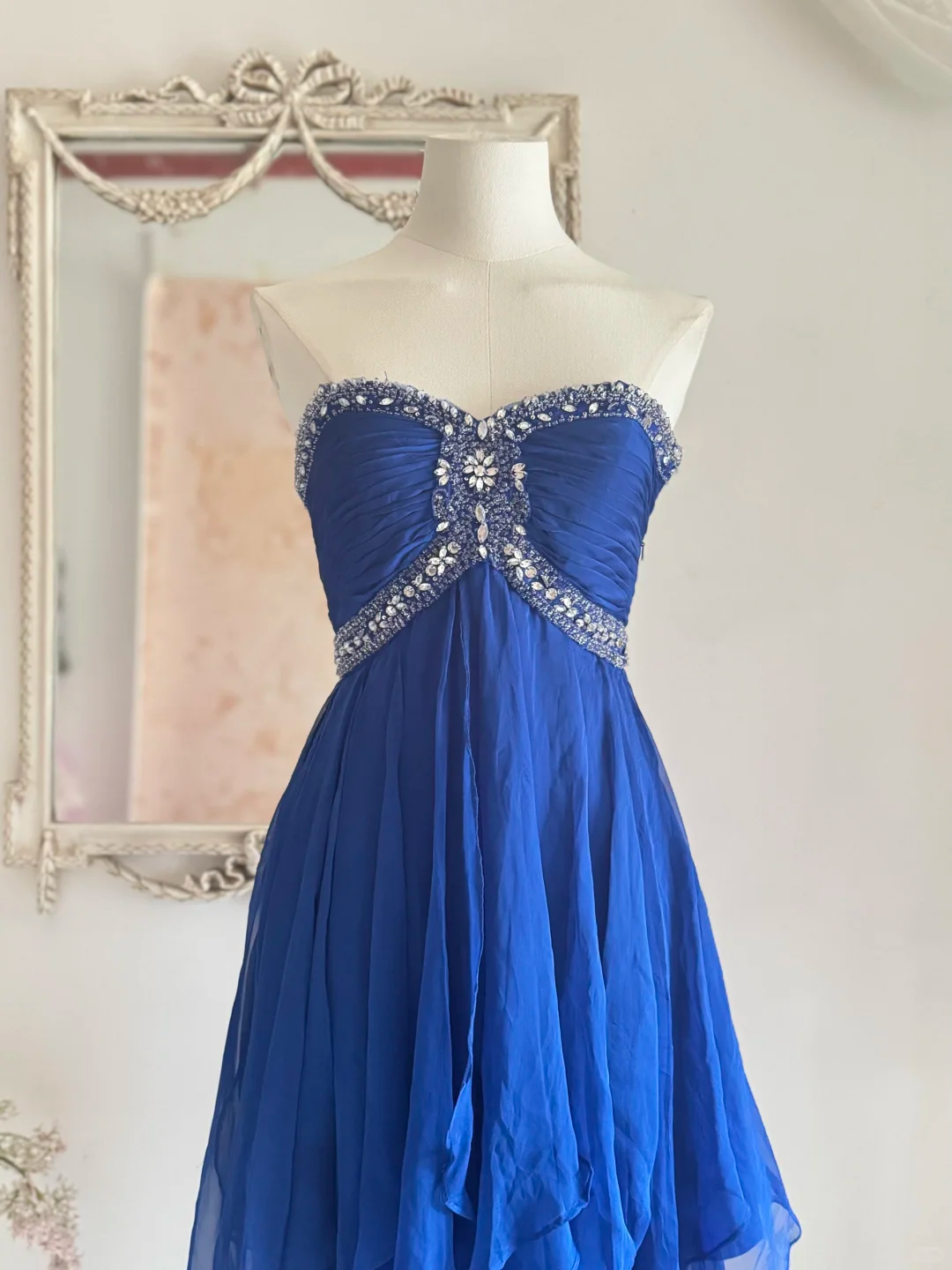 Vintage Blue A Line Sweetheart Neck Rhinestone Ruffle Chiffon Homecoming Dress Outfits SH4554