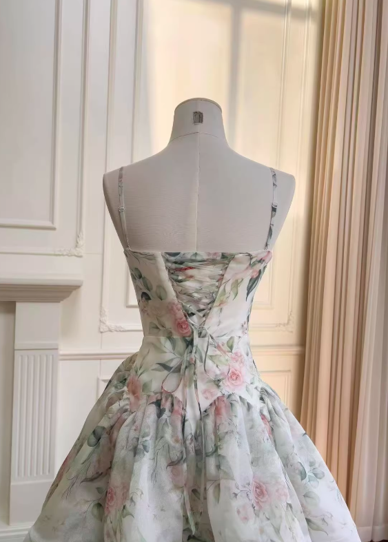 Print Floral A Line Straps Layered Chiffon Prom Dress Outfits SH5156