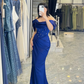 Royal Blue Sheath Off the Shoulder Beaded Corset Satin Long Prom Dress Evening Dress SH7316