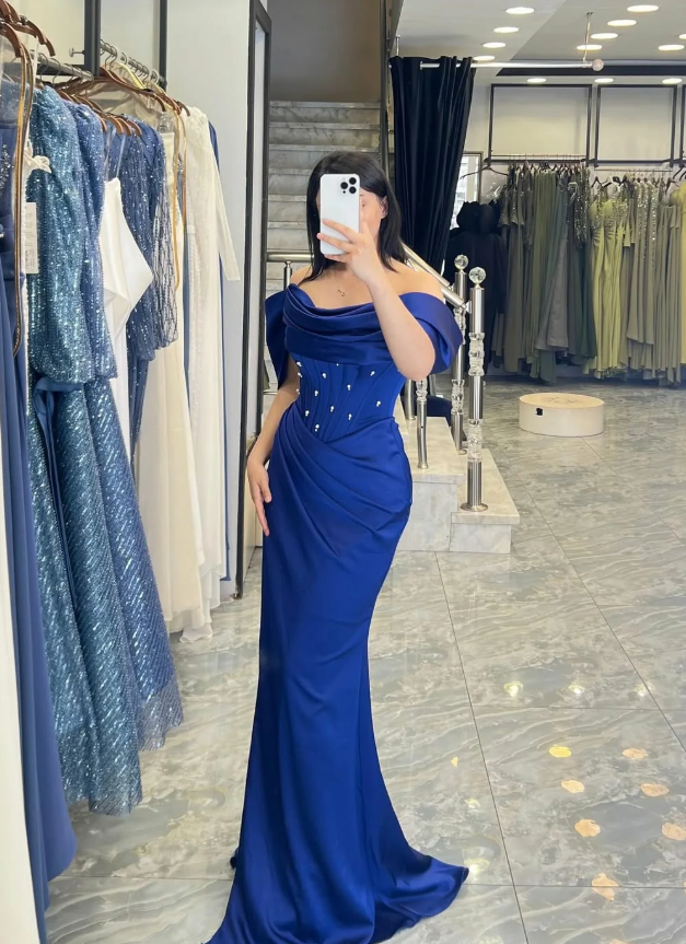 Royal Blue Sheath Off the Shoulder Beaded Corset Satin Long Prom Dress Evening Dress SH7316