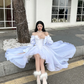 Princess White A Line Long Sleeve Chiffon Satin Long Sweep Party Dress Evening Dress SH3406