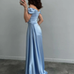Blue A Line Off the Shoulder Pleated Satin Long Prom Dress Evening Dress SH7320